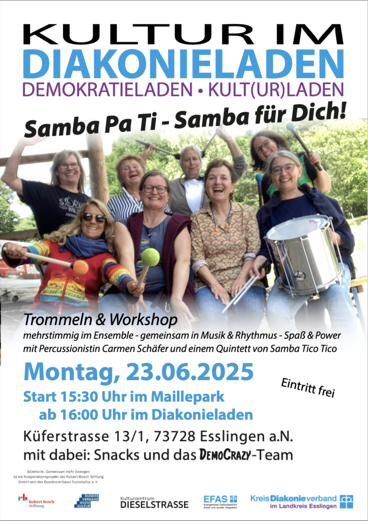 Plakat zur Veranstaltung Samba Trommeln im Diakonieladen in Esslingen